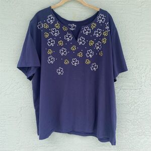 Coral Bay Women's 3X Blue Geometric V-Neck Short Sleeve T-Shirt